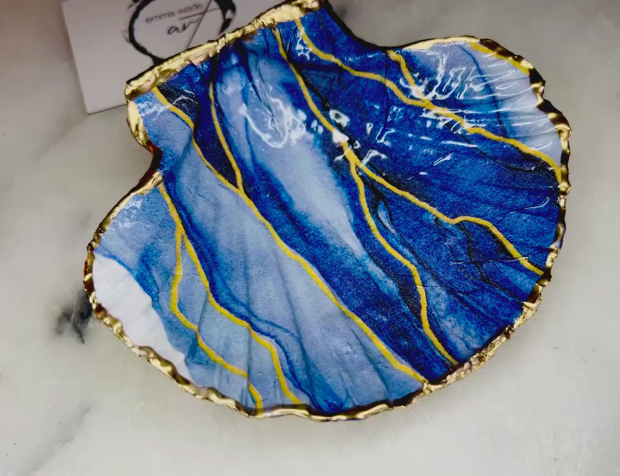 Blue Waves Scallop Shell Trinket Dish | Gold Leaf Ring Holder | Coastal Decor | add on a gold stand