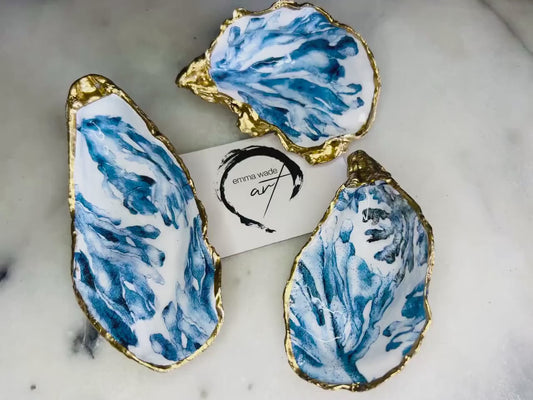 Blue Seaweed Oyster Shell Trinket Dish: Gold Leaf Coastal Jewellery Holder, coastal Ring bowl