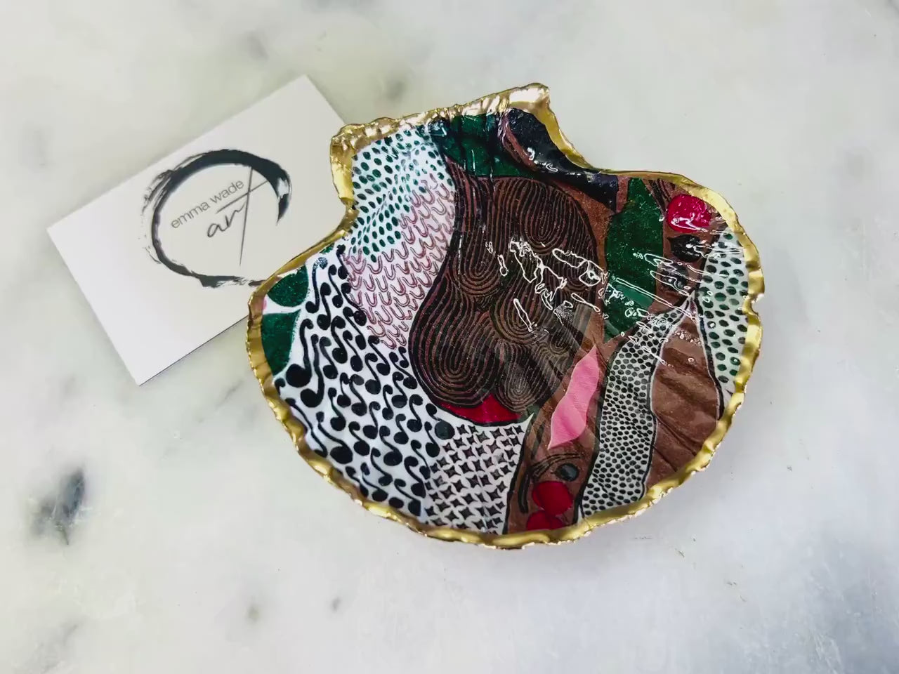 Marimekko Paisley Red Scallop Shell Trinket Dish: Hand-Gilded Gold Leaf Shell Jewellery holder, Coastal Gift, Scandanavian Decor