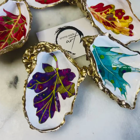 Forest Leaves Oyster Shell Trinket Dish | Gilded Gold Leaf Handmade Trinket Holder, UK Dorset gift, Design options available