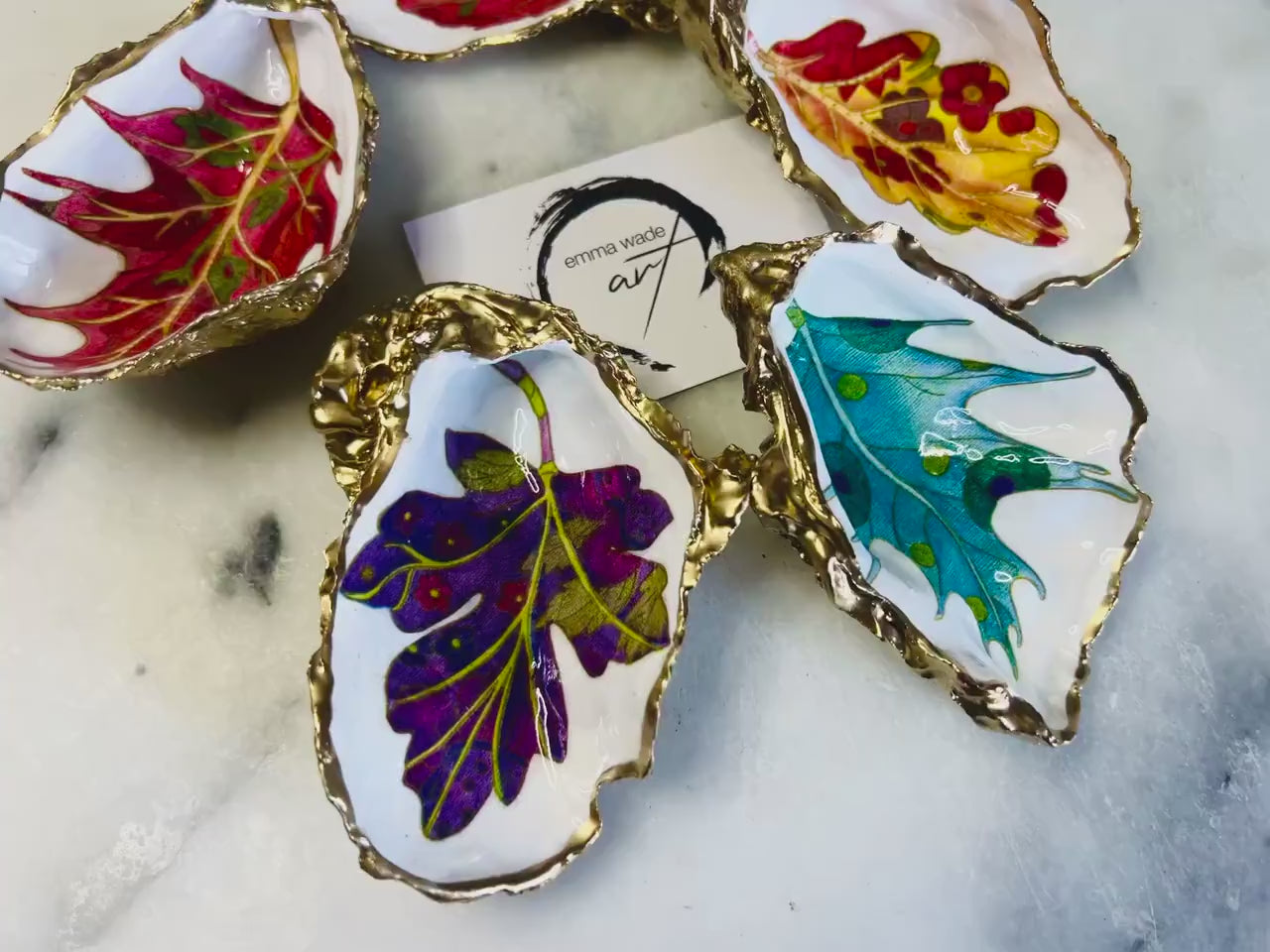 Forest Leaves Oyster Shell Trinket Dish | Gilded Gold Leaf Handmade Trinket Holder, UK Dorset gift, Design options available