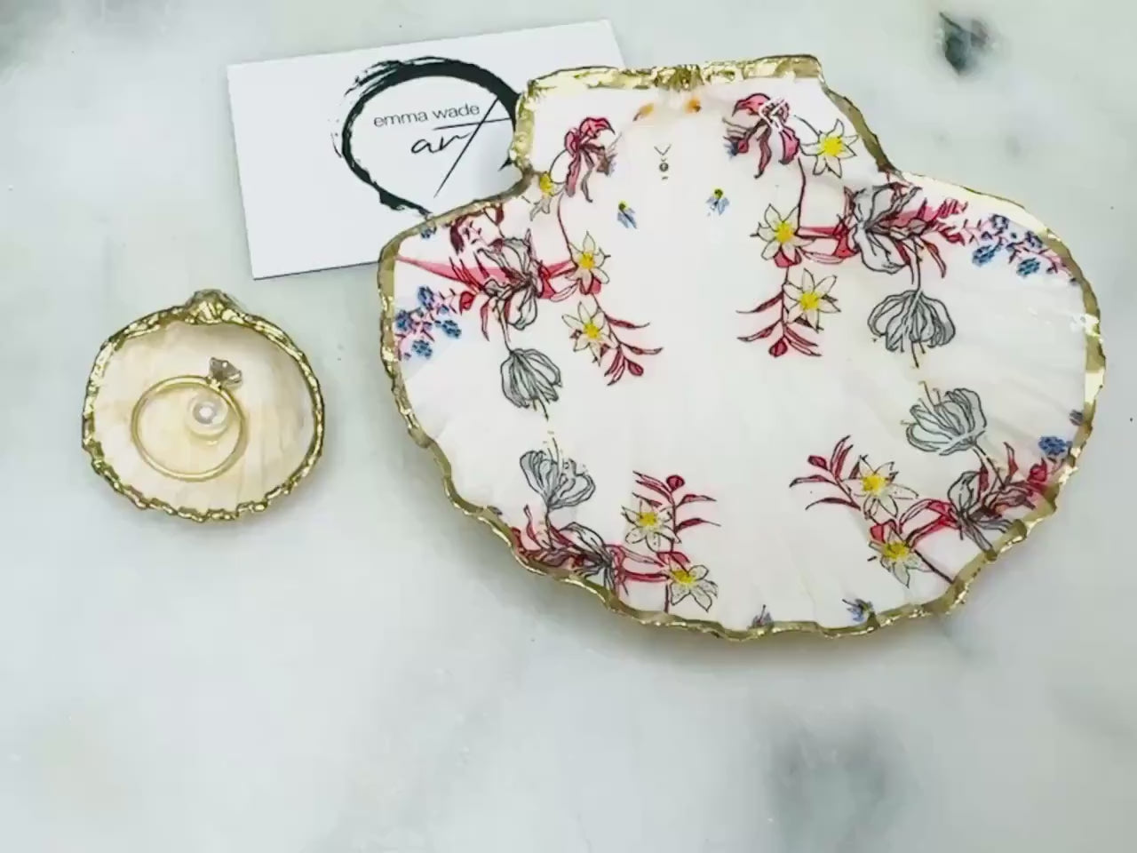 Floral Dorset Shell Ring Dish Set: Gilded Gold Leaf Scallop & Cockle Shell with an inset Swarovski Pearl, Jewellery Dish Set, Coastal Decor