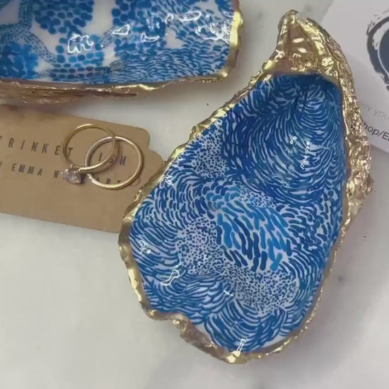 Blue Marimekko Oyster Shell Trinket Dish | Hand Gilded Gold Leaf Jewellery Holder | Scandinavian Coastal Decor