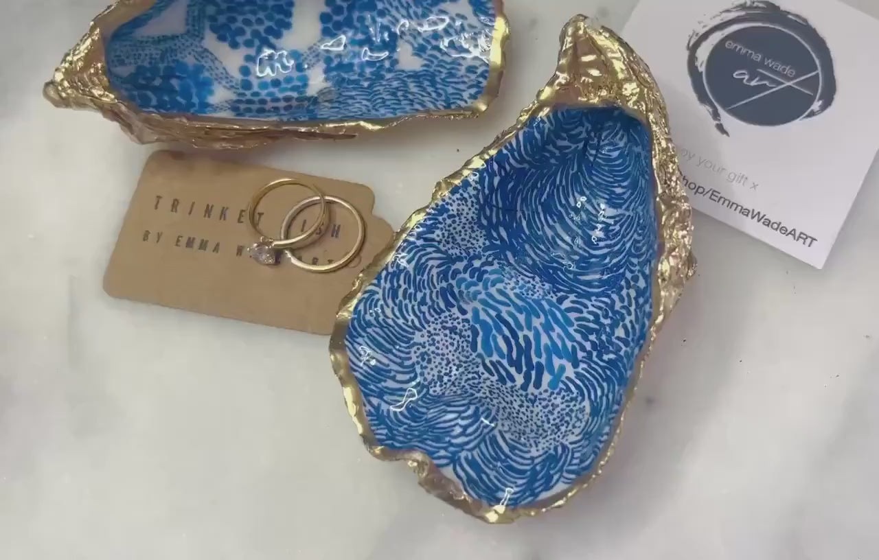 Blue Marimekko Oyster Shell Trinket Dish | Hand Gilded Gold Leaf Jewellery Holder | Scandinavian Coastal Decor