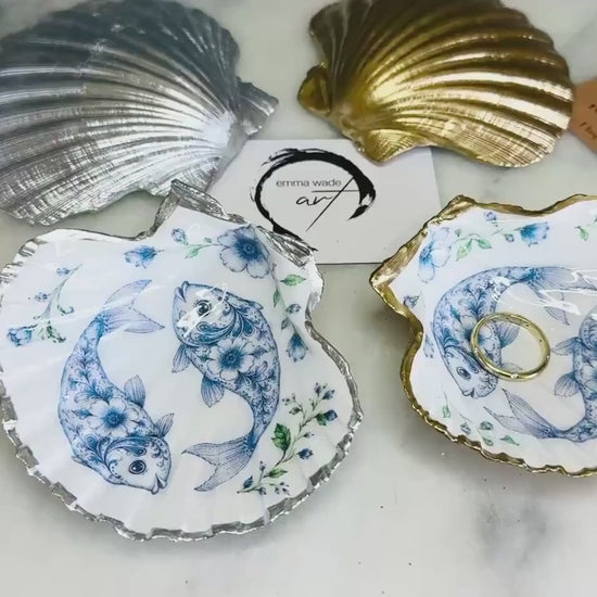 Delft Blue Fish Scallop Shell Dish | Original Fish Illustration Ring Holder | Gold or Silver Leaf Jewellery Tray | by Emma Wade ART
