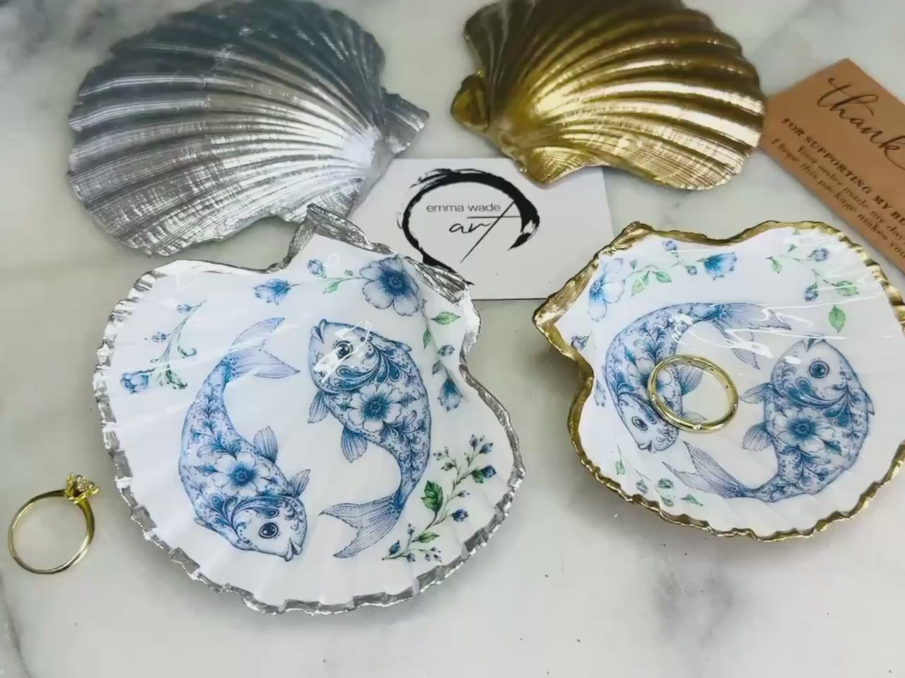Delft Blue Fish Scallop Shell Dish | Original Fish Illustration Ring Holder | Gold or Silver Leaf Jewellery Tray | by Emma Wade ART