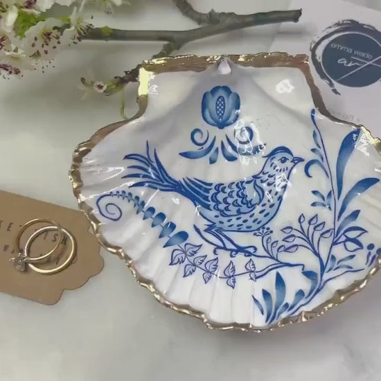 Blue Porcelain Bird Scallop Shell Trinket Dish: Gold Leaf Coastal Jewellery Holder, Handmade Dorset Shell Gift, Bird Lover Gift