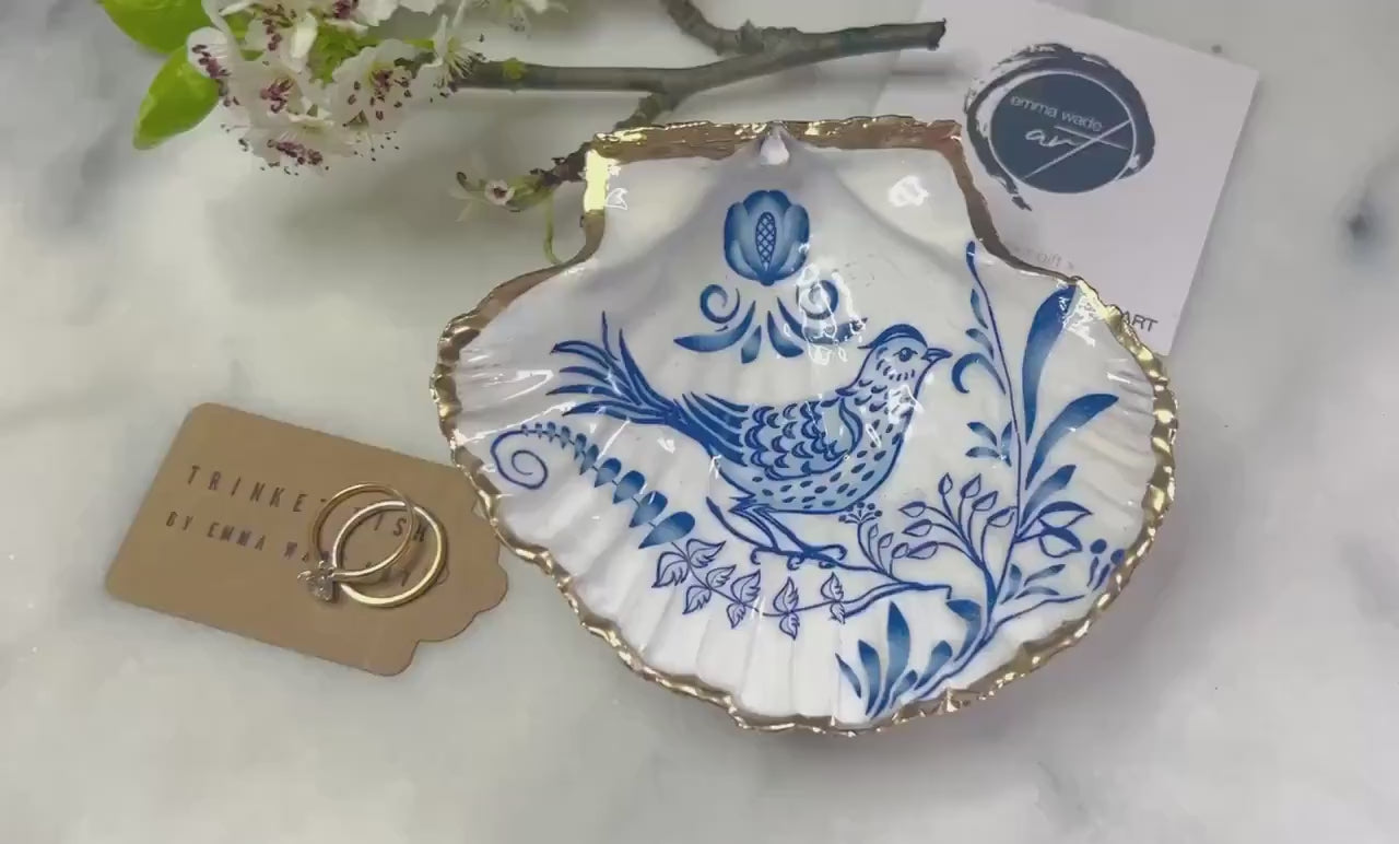 Blue Porcelain Bird Scallop Shell Trinket Dish: Gold Leaf Coastal Jewellery Holder, Handmade Dorset Shell Gift, Bird Lover Gift
