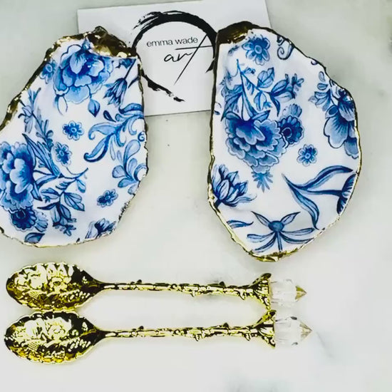 Pair of Delft Blue Floral Oyster Shell Salt Cellar Set | Gold Leaf Dorset Cruet Dishes | Coastal Kitchen Decor