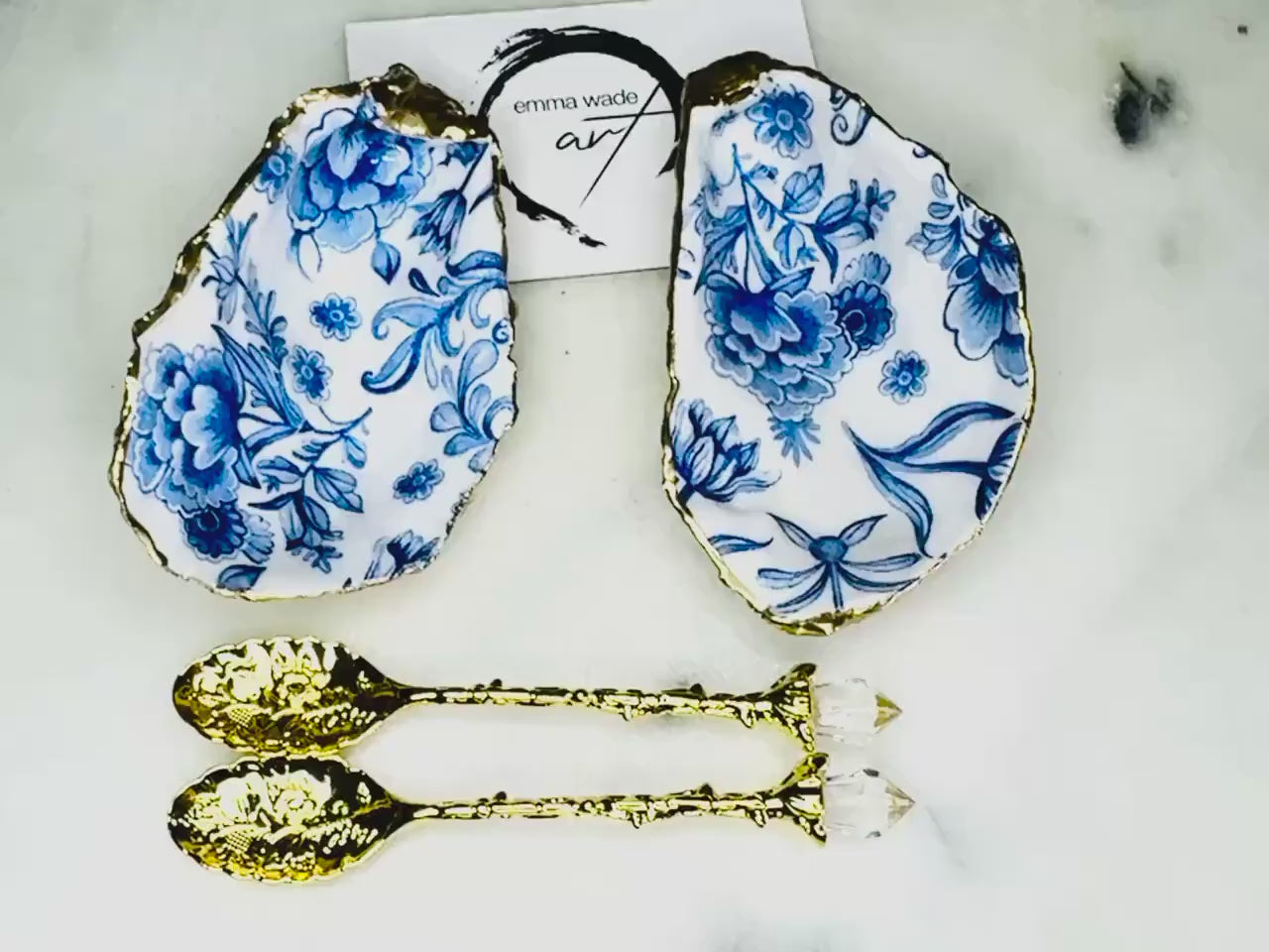 Pair of Delft Blue Floral Oyster Shell Salt Cellar Set | Gold Leaf Dorset Cruet Dishes | Coastal Kitchen Decor