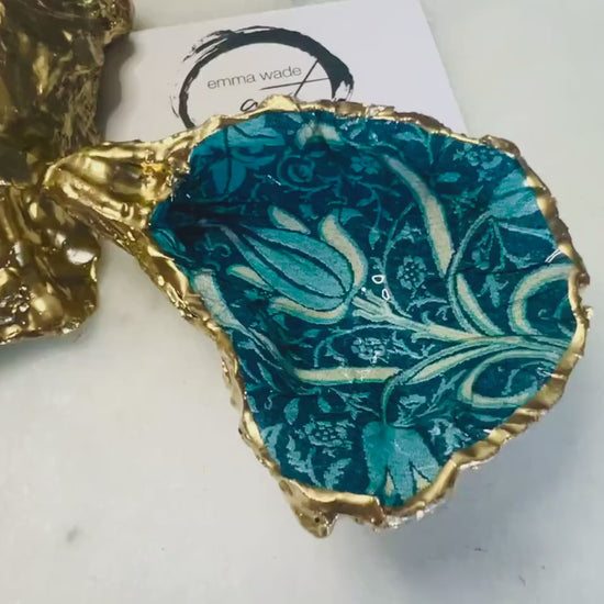 Handmade William Morris Oyster Shell Trinket Dish, Blue Tulip Gold Gilded Ring Dish, Coastal Decor Gift