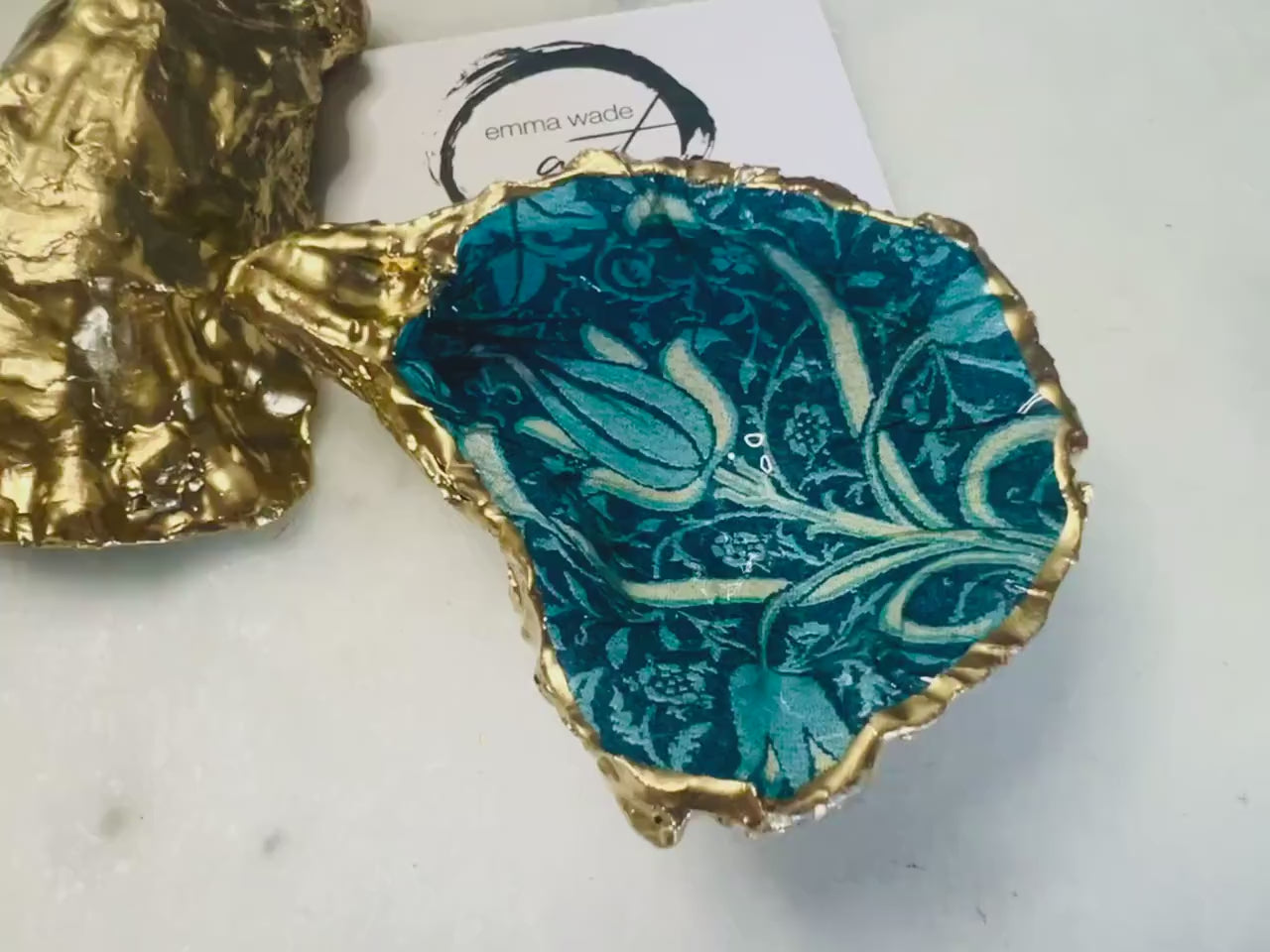 Handmade William Morris Oyster Shell Trinket Dish, Blue Tulip Gold Gilded Ring Dish, Coastal Decor Gift