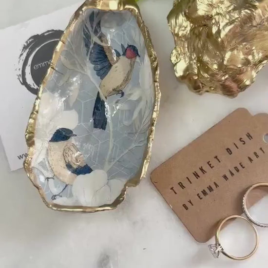 Blue Bird Oyster Shell Trinket Dish, Gold or Silver Leaf Coastal Jewellery Holder, Birds of Paradise Ring Dish, Handmade Dorset Shell Decor