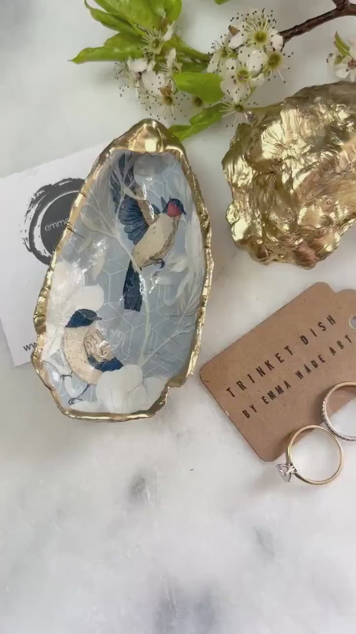 Blue Bird Oyster Shell Trinket Dish, Gold or Silver Leaf Coastal Jewellery Holder, Birds of Paradise Ring Dish, Handmade Dorset Shell Decor