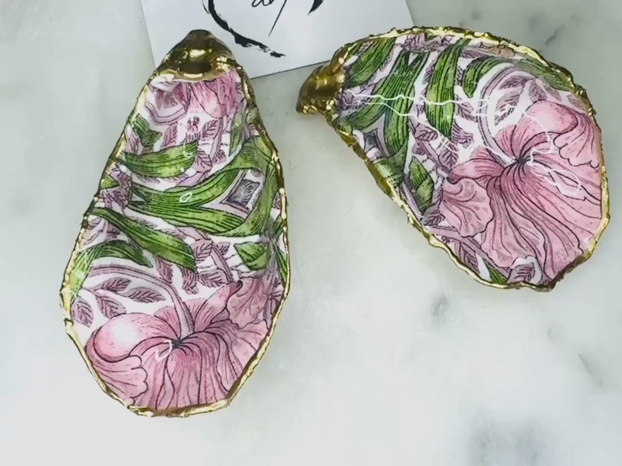 William Morris Pink Pimpernel Natural Oyster Trinket Dish, Gilded Gold Leaf Shell Ring Dish, Coastal Gift, UK Heritage Gift