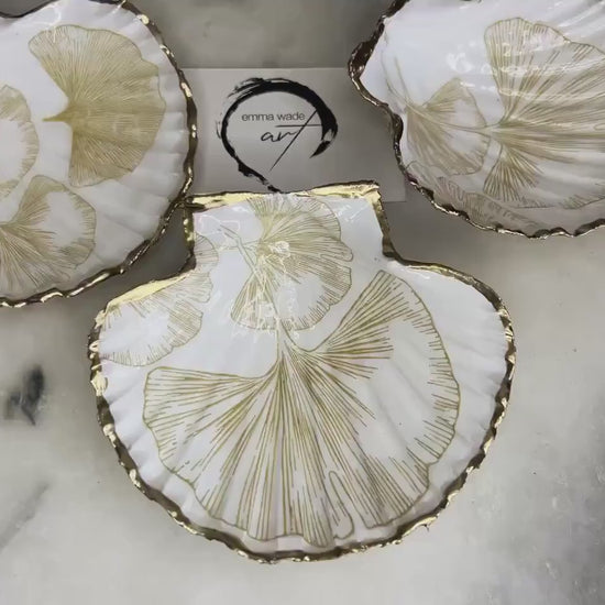 Japanese Ginkgo Flower Scallop Trinket Dish | Gold Leaf Shell Jewellery Tray | Coastal Floral Ring Dish | Dorset Shell Art UK