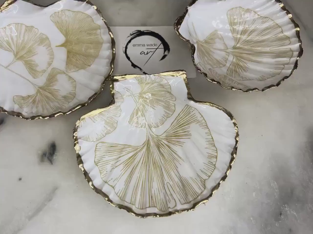 Japanese Ginkgo Flower Scallop Trinket Dish | Gold Leaf Shell Jewellery Tray | Coastal Floral Ring Dish | Dorset Shell Art UK