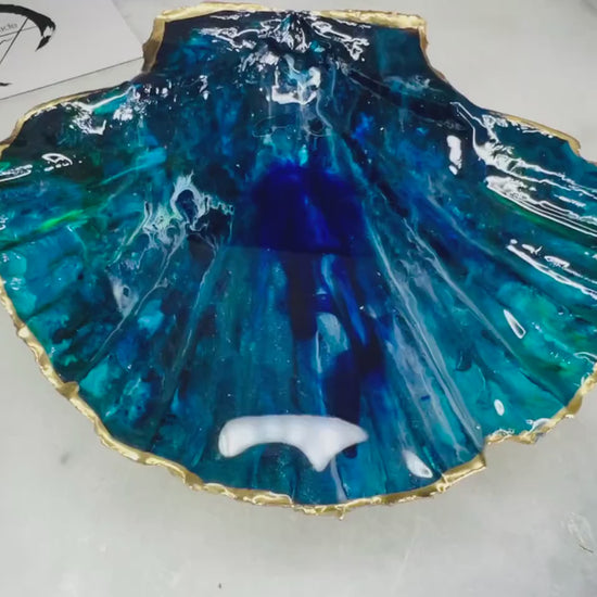 Hand-Painted Ocean Scallop Shell Trinket Dish, Blue Coastal Resin Art, Gold Gilded Jewellery Holder, Dorset Shell Decor