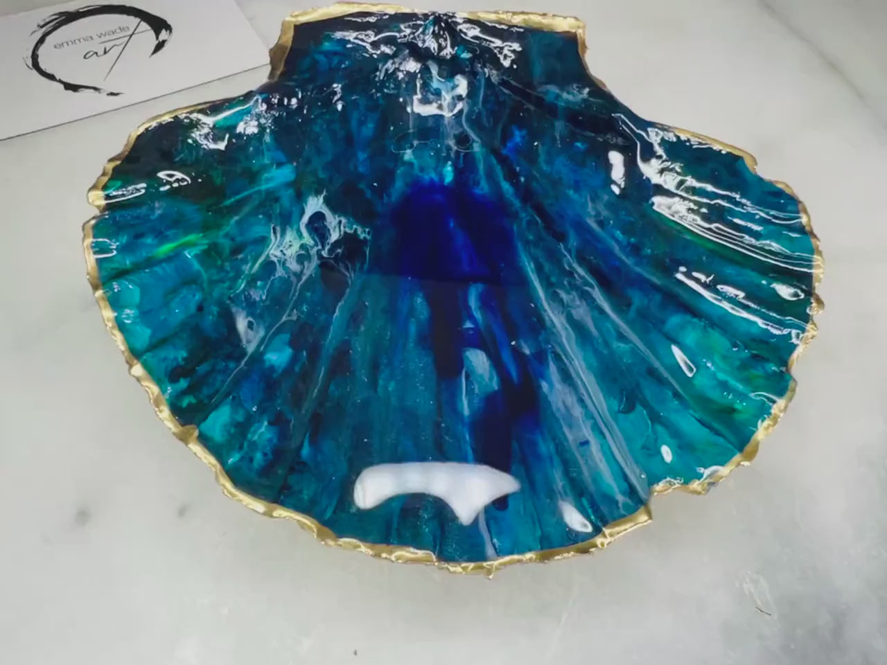 Hand-Painted Ocean Scallop Shell Trinket Dish, Blue Coastal Resin Art, Gold Gilded Jewellery Holder, Dorset Shell Decor