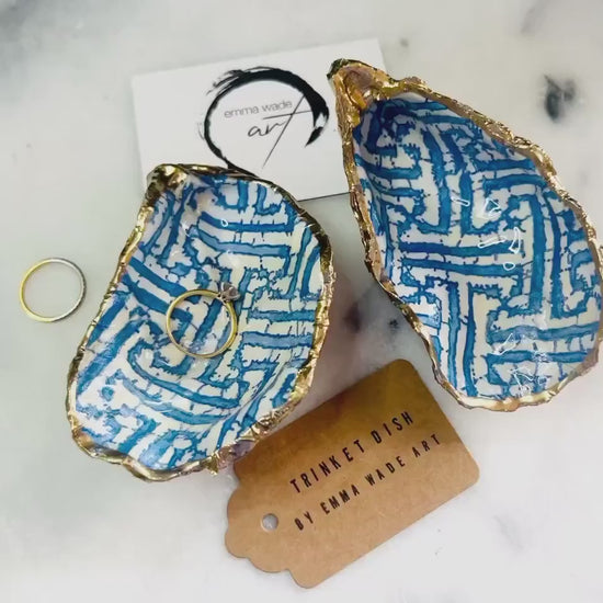 Blue Fretwork Natural Oyster Shell Trinket Dish: Gold Leaf Shell Jewellery Holder, Handmade Coastal Decor Gift