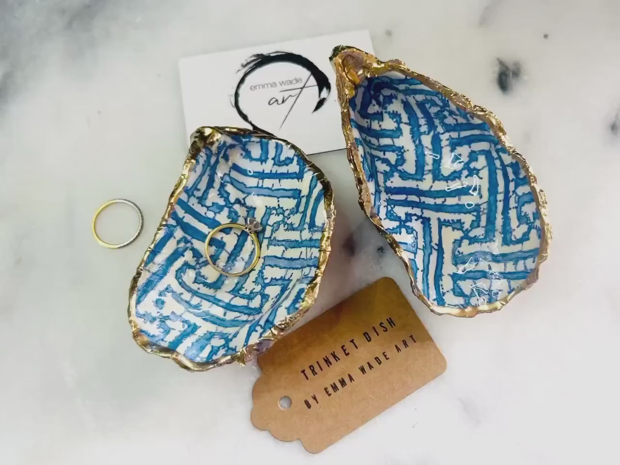 Blue Fretwork Natural Oyster Shell Trinket Dish: Gold Leaf Shell Jewellery Holder, Handmade Coastal Decor Gift